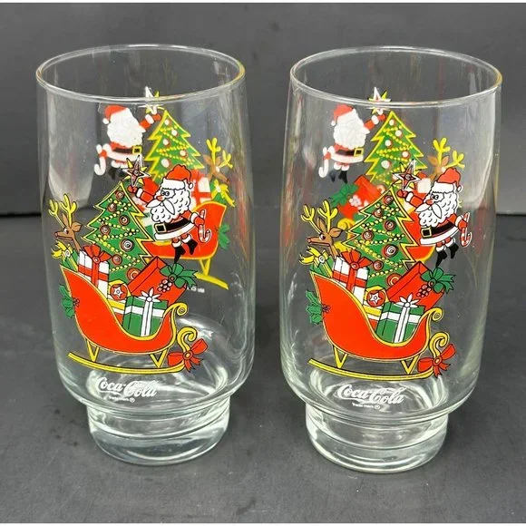 1985 (2) MCCRORY STORES Santa COCA COLA Tumbler Glasses Christmas Tree Sleigh - Picture 1 of 11